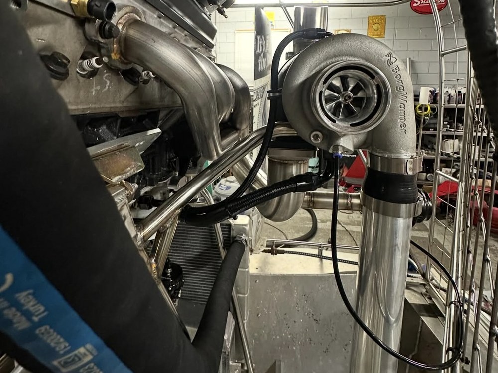 BorgWarner turbo and stainless plumbing close-up
